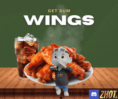 A Poster That Says Get Sum Wings Next To A Plate Of Wings And A Glass Of Coke GIF