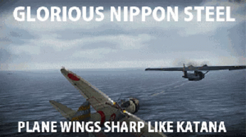 A Poster That Says Glorious Nippon Steel Plane Wings Sharp Like Katana On It GIF