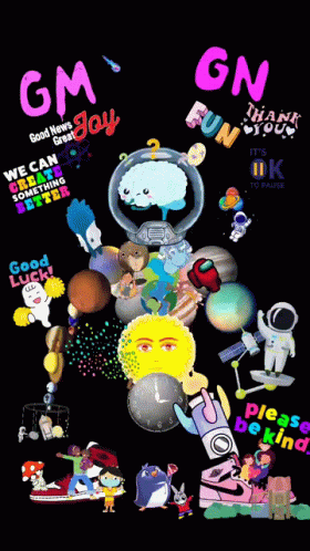 A Poster That Says Gm Joy And Gn Fun On It GIF