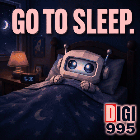 A Poster That Says Go To Sleep With A Robot On It GIF