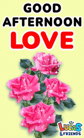 A Poster That Says Good Afternoon Love With Pink Roses On It GIF