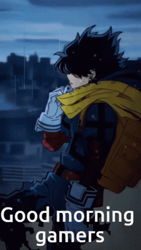 A Poster That Says Good Morning Gamers With A Picture Of A Person GIF
