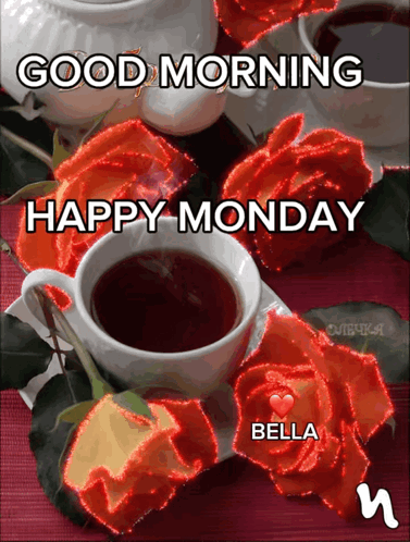 A Poster That Says Good Morning Happy Monday With Roses And A Cup Of Tea GIF