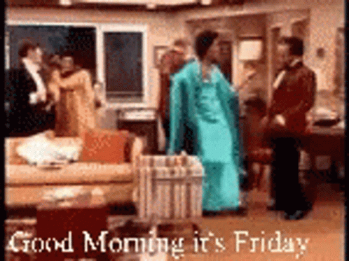 A Poster That Says Good Morning It 'S Friday With A Man In A Tuxedo GIF