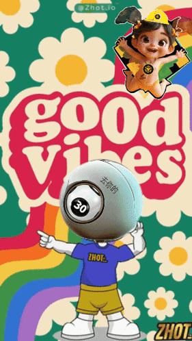 A Poster That Says Good Vibes With A Cartoon Character On It GIF