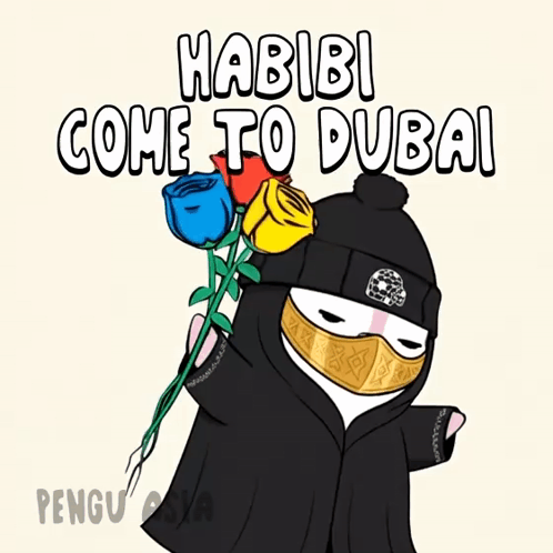 A Poster That Says Habibi Come To Dubai With A Person Holding Roses GIF