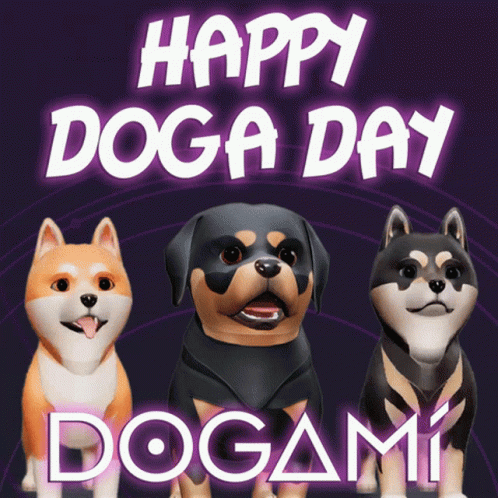 A Poster That Says Happy Doga Day Dogami With Three Dogs On It GIF
