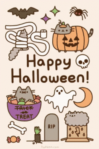 A Poster That Says Happy Halloween With A Cat And A Pumpkin GIF