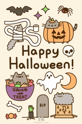 A Poster That Says Happy Halloween With A Cat And A Pumpkin GIF