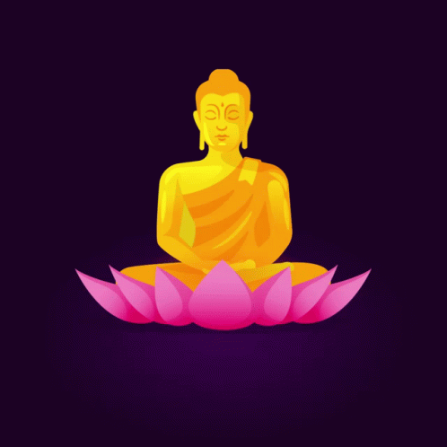 A Poster That Says Happy Mahavir Jayanti With A Statue Of Buddha On A Lotus Flower GIF