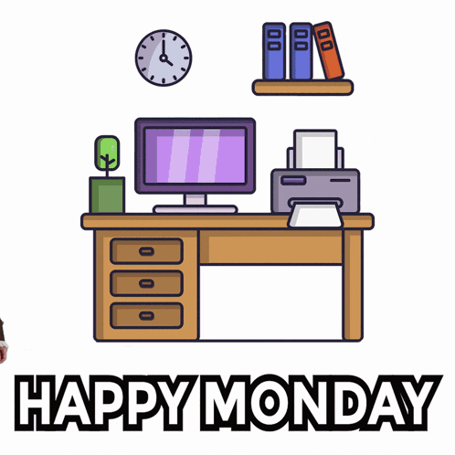 A Poster That Says Happy Monday With A Man In An Office GIF