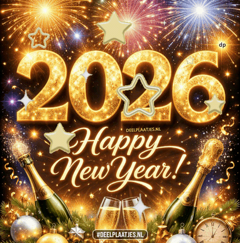 A Poster That Says Happy New Year With Bottles Of Champagne GIF