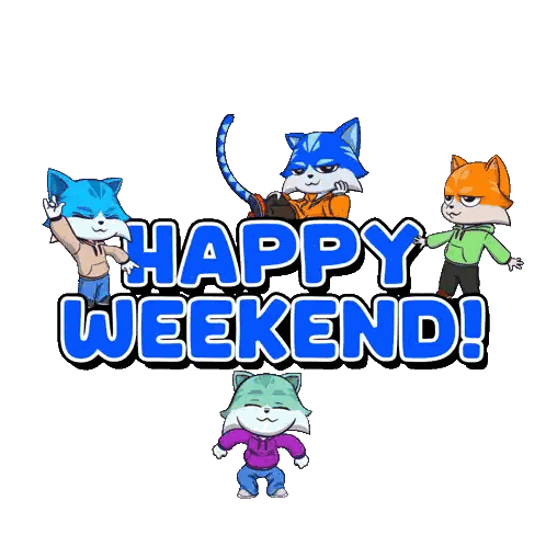 a poster that says happy weekend with four cats