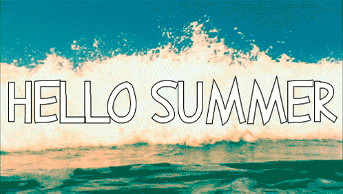 A Poster That Says Hello Summer With Waves Crashing On The Shore GIF