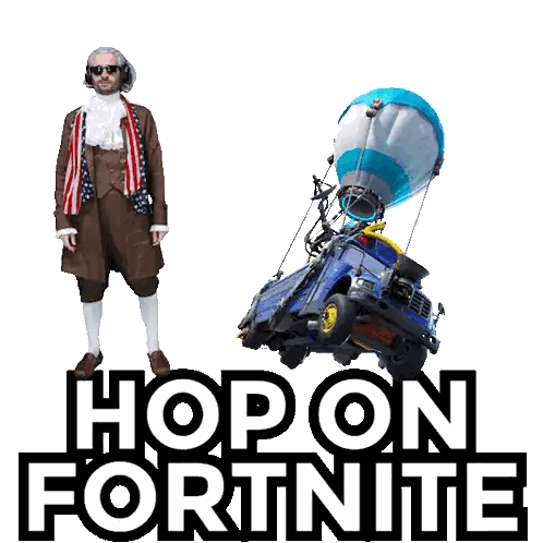 a poster that says hop on fortnite with a man in a suit