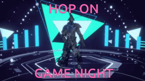 A Poster That Says Hop On Game Night With A Video Game Character GIF