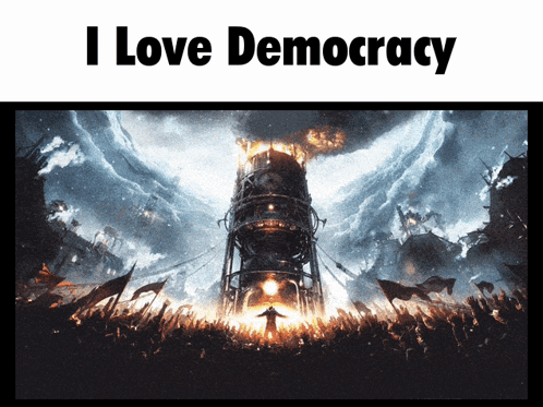 A Poster That Says I Love Democracy With A Picture Of A Man GIF