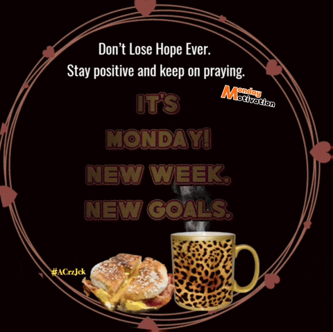 A Poster That Says It 'S Monday And Has A Picture Of A Sandwich And A Cup Of Coffee GIF