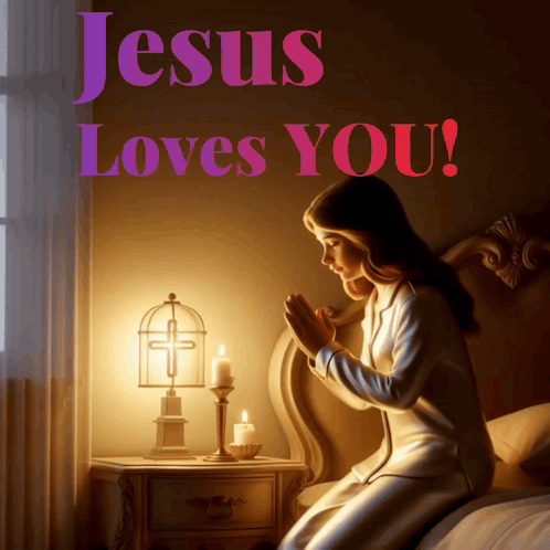 a poster that says jesus loves you with a girl praying on a bed