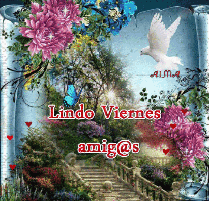 A Poster That Says Lindo Viernes Amigo @ S With Flowers And A Bird GIF