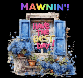 A Poster That Says Mawnin ' And Has A Window With Blue Shutters GIF