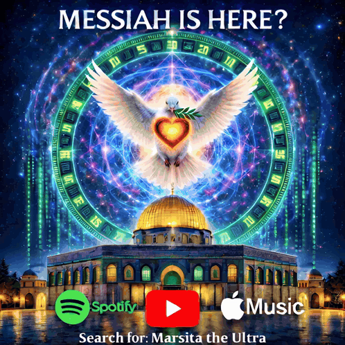 A Poster That Says Messiah Is Here With Spotify And Apple Music GIF