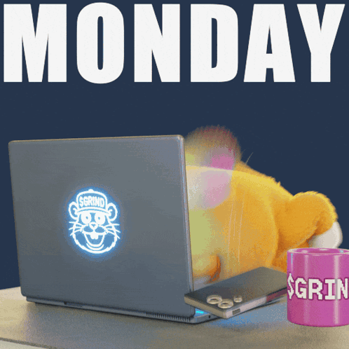 A Poster That Says Monday With A Laptop And A Cup GIF