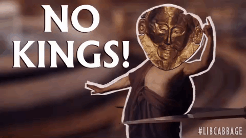 A Poster That Says No Kings With A Statue In The Background GIF