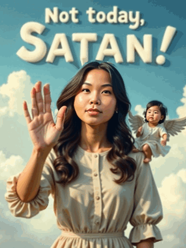 A Poster That Says Not Today Satan With A Woman And A Baby GIF