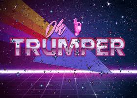 A Poster That Says Ok Trumper With A Rainbow In The Background GIF