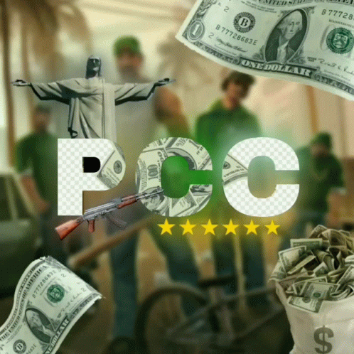 A Poster That Says Pcc With A Gun And A Bag Of Money GIF