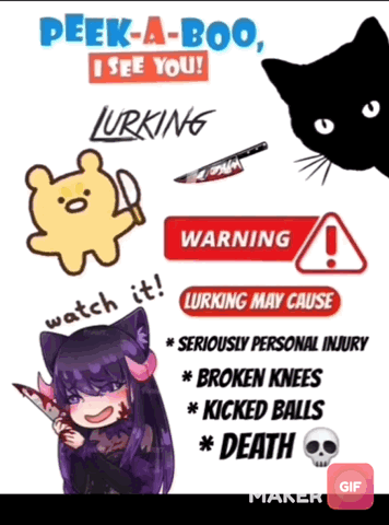 A Poster That Says Peek A Boo I See You Lurking Watch It Serious Personal Injury Broken Knees Kicked Balls Death GIF