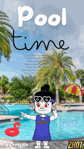 A Poster That Says Pool Time With A Cartoon Girl GIF