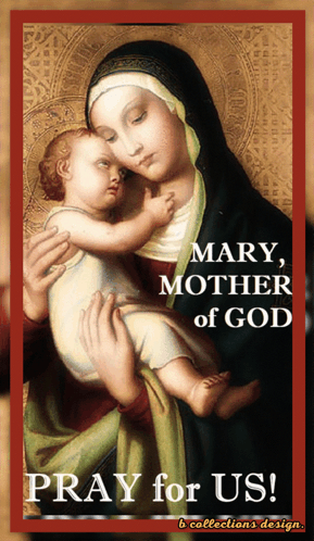 A Poster That Says Pray For Us With A Picture Of Mary Holding A Baby GIF