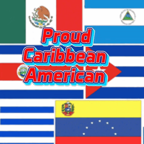 A Poster That Says Proud Caribbean American Surrounded By Flags GIF