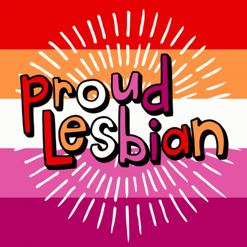 A Poster That Says Proud Lesbian With A Rainbow Flag In The Background GIF
