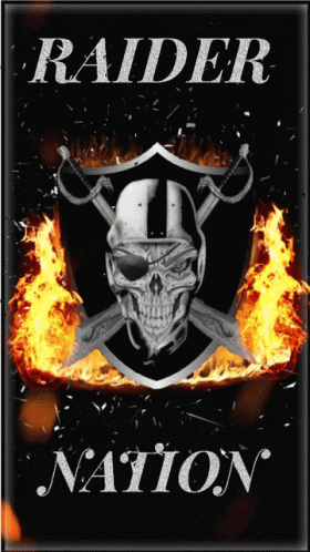 A Poster That Says Raider Nation With A Skull And Crossed Swords On It GIF