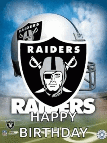 A Poster That Says Raiders Happy Birthday With A Football Helmet GIF