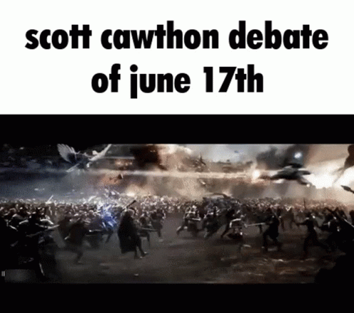 A Poster That Says Scott Cawthon Debate Of June 17Th In Black Letters GIF
