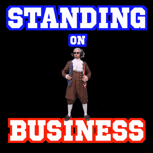 A Poster That Says Standing On Business With A Man In A Brown Suit GIF