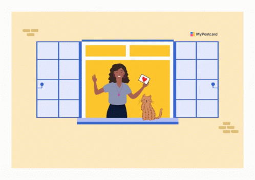 A Poster That Says " Stay Safe - Stay Home " With A Woman Holding An Envelope And A Cat GIF