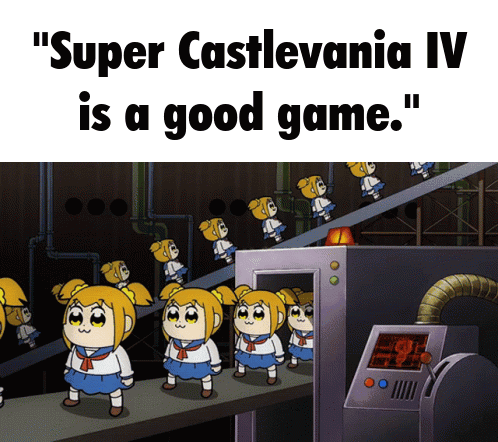A Poster That Says " Super Castlevania Iv Is A Good Game " With Cartoon Characters On A Conveyor Belt GIF