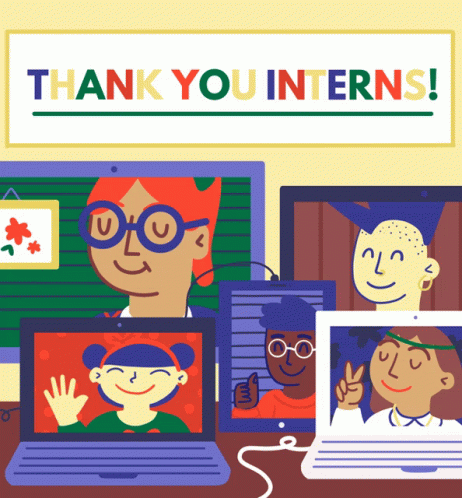 A Poster That Says Thank You Interns With A Group Of People On A Video Call GIF