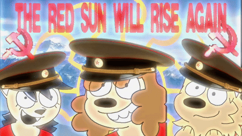A Poster That Says The Red Sun Will Rise Again With Three Cartoon Characters GIF