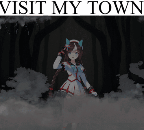 A Poster That Says Visit My Town With An Anime Girl GIF