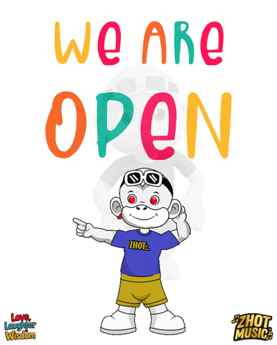A Poster That Says We Are Open With A Monkey GIF
