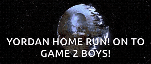 A Poster That Says ' Yordan Home Run On To Game 2 Boys ' On It GIF