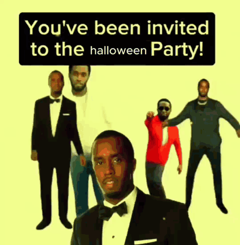 A Poster That Says You 'Ve Been Invited To The Halloween Party With A Man In A Tuxedo GIF