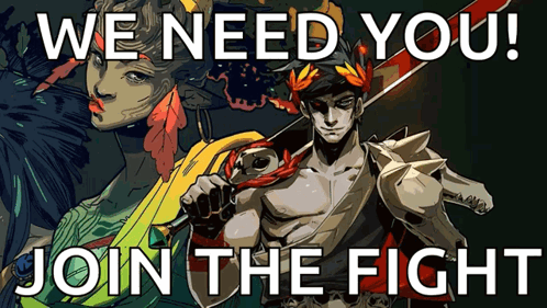 A Poster With A Man Holding A Sword And The Words We Need You Join The Fight GIF