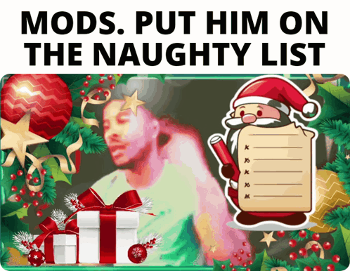 A Poster With A Picture Of A Man And A Santa Claus Holding A List GIF